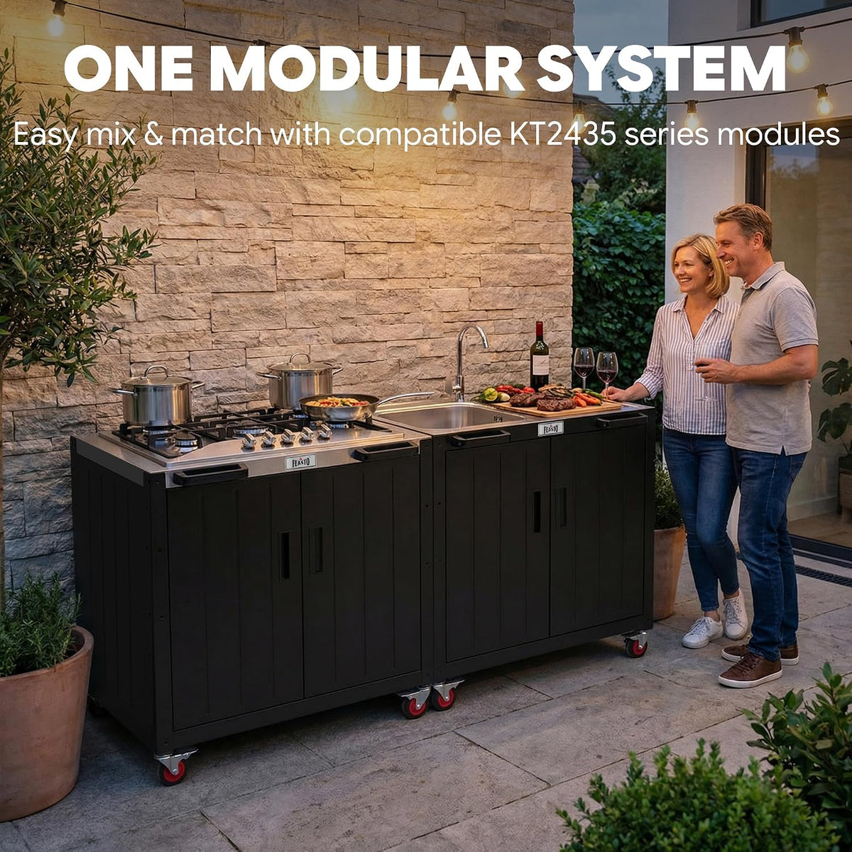 feasto modular outdoor kitchen island with 5-burner gas shown in use