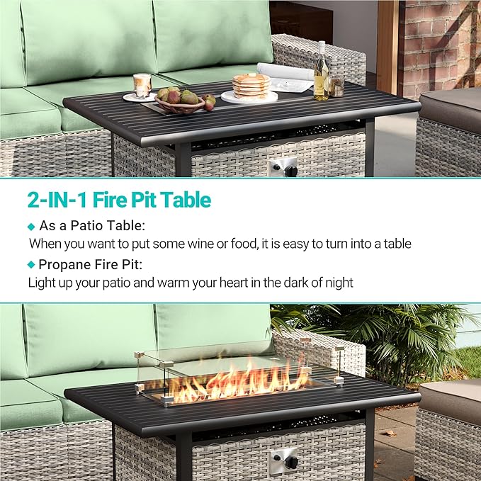 13-Piece Outdoor Patio Furniture Set with 55,000 BTU Fire Pit Table, PE Wicker Rattan Sectional Sofa Patio Conversation Set with Coffee Table, Light Green