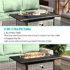 13-Piece Outdoor Patio Furniture Set with 55,000 BTU Fire Pit Table, PE Wicker Rattan Sectional Sofa Patio Conversation Set with Coffee Table, Light Green