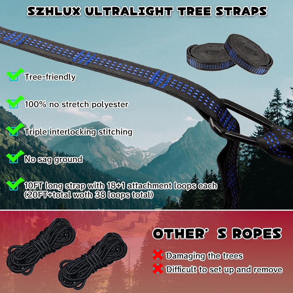 SZHLUX Hammock Straps for Trees - Set of Two 10ft Long, with 38 Loops & 2 Carabiners| Essential Hammock Accessories