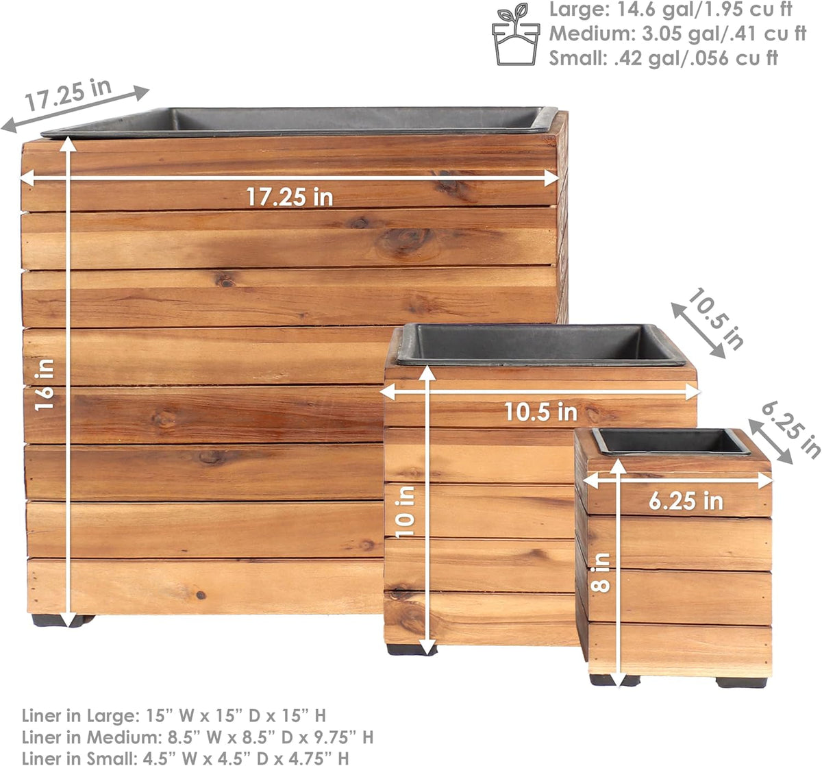 sunnydaze acacia wooden planter boxes with liners, close-up detail