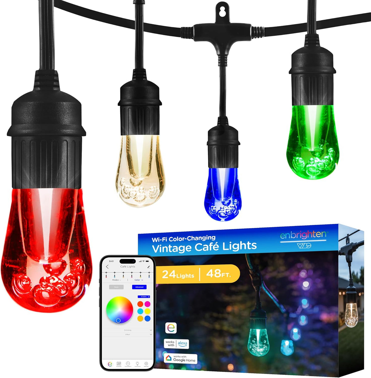 enbrighten vintage outdoor string lights, 48ft, 24 bulbs, main product view