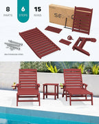 SERWALL Patio Chaise Lounge Chair Set of 2, 78'' Long 5-Positions Adjustable HDPE Outdoor Lounger for Pool, Poly Lounge Chair with Rolling Wheels & Cup Holder for Poolside, Deck, Dark Red
