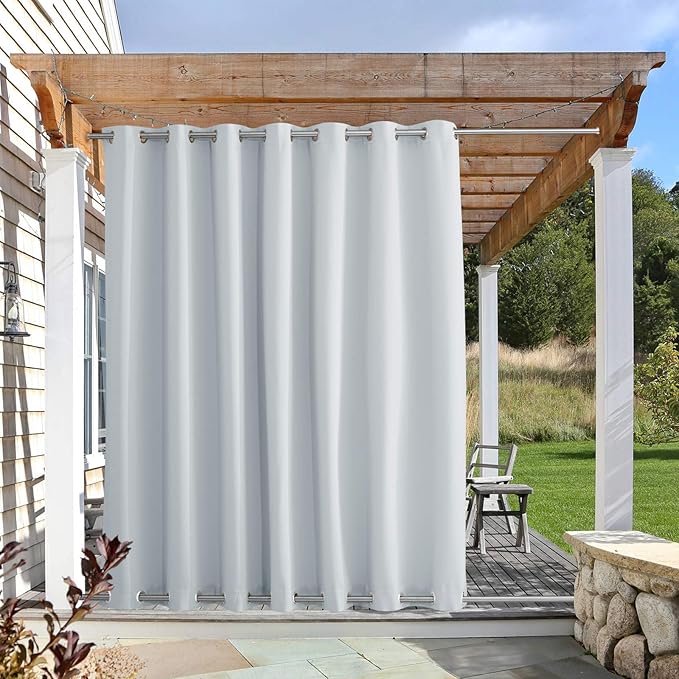 NICETOWN Patio Curtain Outdoor Waterproof W100 x L108, Rustproof Top & Bottom Grommet Room Darkening Windproof Outdoor Living Divider Privacy Thermal Insulated Blinds for Pool, Greyish White, 1 Piece