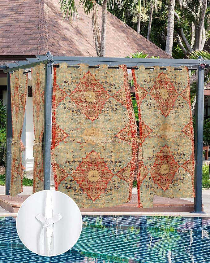 Boho Outdoor Curtains for Patio Waterproof, Grommet Privacy Curtain Drapes Weatherproof Outside Curtains for Porch GazeboPergola Cabana 2 Panel 54x108inch Rustic Bohemian Floral Tribal Orange