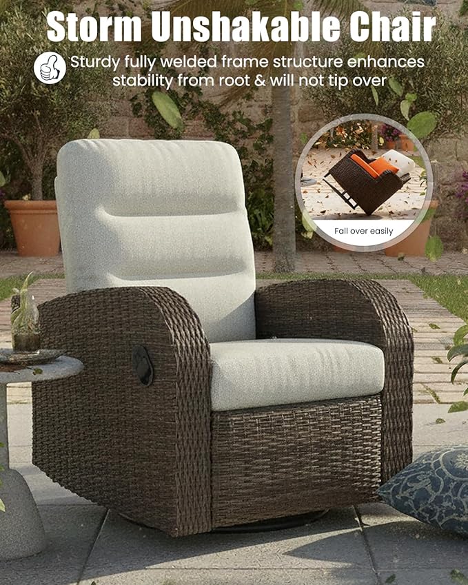 Outdoor Swivel Recliner Chair, All-Weather Wicker Reclining Patio Chair with Adjustable Backrest and Footrest