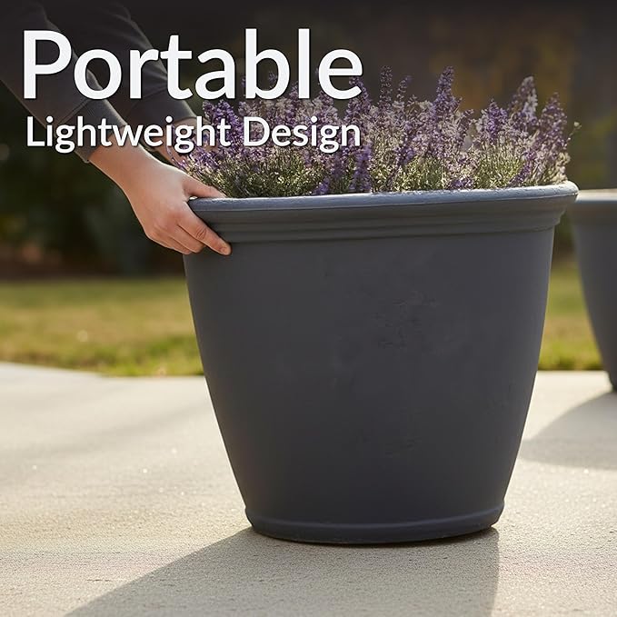 Sunnydaze 24-Inch Anjelica Large Plastic Pot for Plants - Outdoor Double-Walled Large Plastic Planter with Drillable Drainage Holes - Slate - 4pk