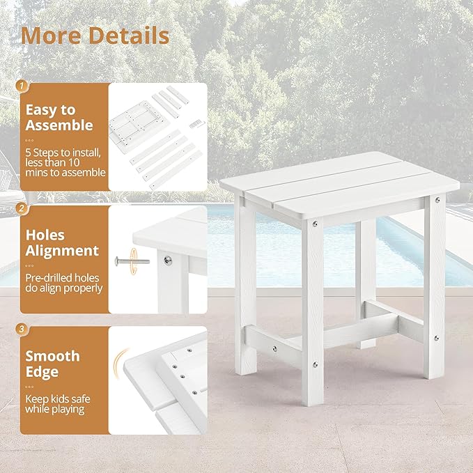 LUE BONA Outdoor Side Table Set of 2, HDPS Small Outdoor Table, Adirondack Side Table, Outside End Table for Patio, Porch, Deck, Pool, Weather Resistant/Easy Maintenance/Indoor or Outside Use, White