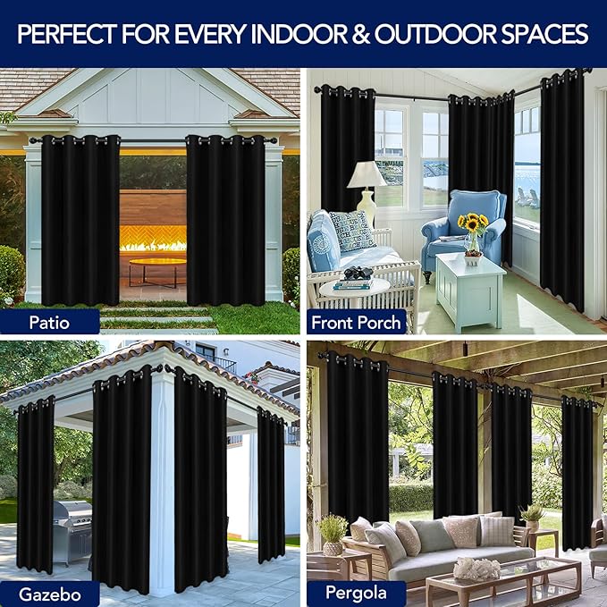 PureFit Outdoor Curtains for Patio Waterproof Weatherproof, UV Resistant Outside Curtains for Gazebo, Front Porch, Pergola, Sun Blocking Privacy Curtain, 52W x 120L inch, 1 Panel, Black