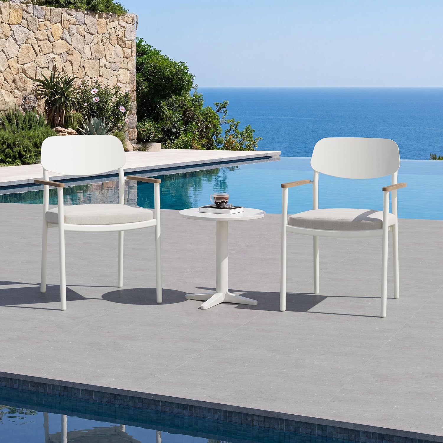 Modern Shade Luxury Outdoor Dining Chairs Set of 2, Fade Resistant, All-Aluminum Outdoor Chairs with FSC Teak Wood Armrests, Weather-Resistant Patio Chair with Quick Dry Cushion, White