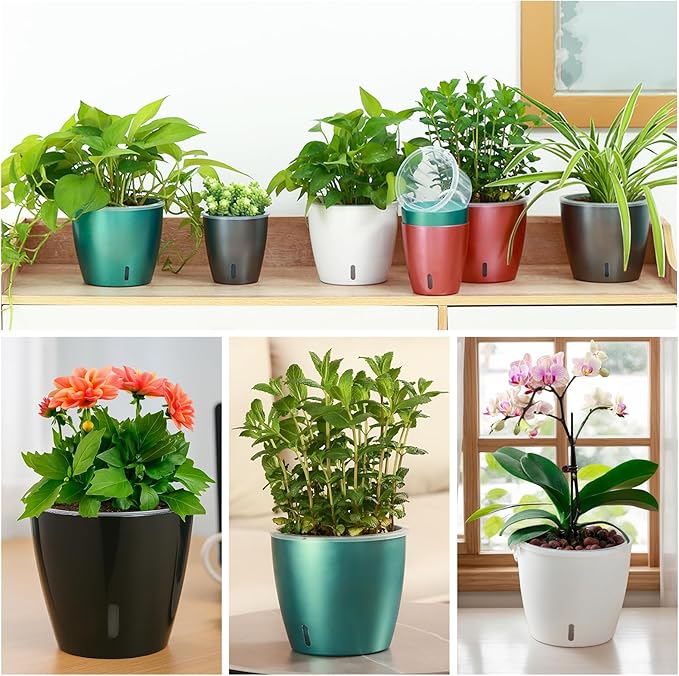 Self Watering Pots for Indoor Plants, 6-Pack 6.7'' Self Watering Planter with Drainage Holes, Small African Violet Pots with Water Indicator, Clear Wick Orchid Pot, Grey