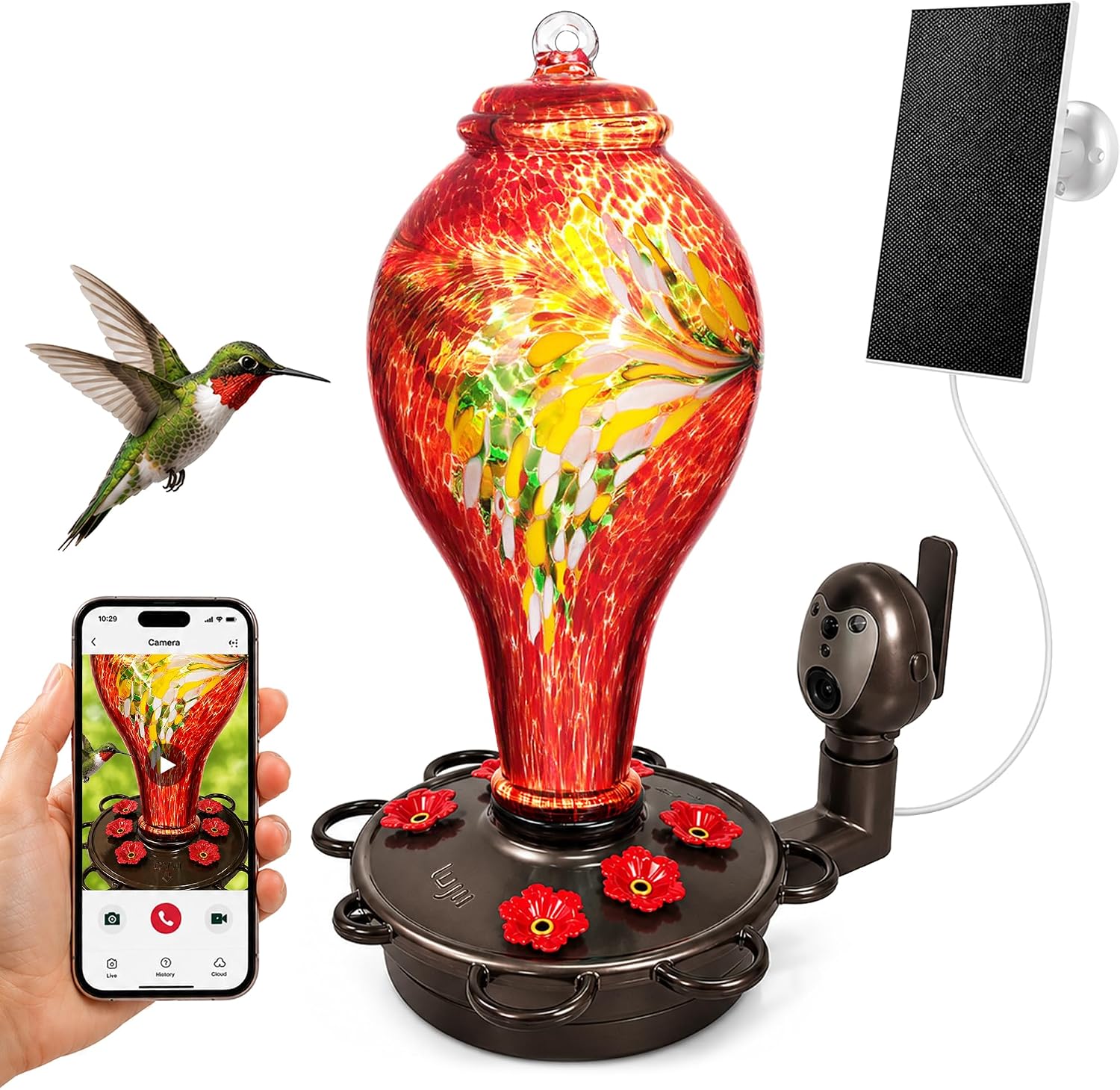 LUJII Smart Hummingbird Feeder with Camera, Hand Blown Glass for Outdoor Hanging, Solar WiFi Feeder with Live View App, 6 Feeding Ports, Leak-Resistant Design, Ant Moat & Gift Box, 36 fl oz, Red