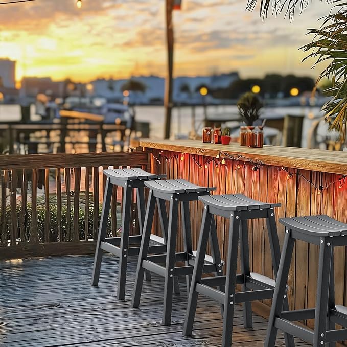 VINGLI 29" Outdoor Bar Stools Set of 2, HDPE Poly Lumber Bar Chairs with Footrest, Weather Resistant Patio Barstools for Bar, Kitchen Counter, Yard (Gray, 29 Inch 2 PC)