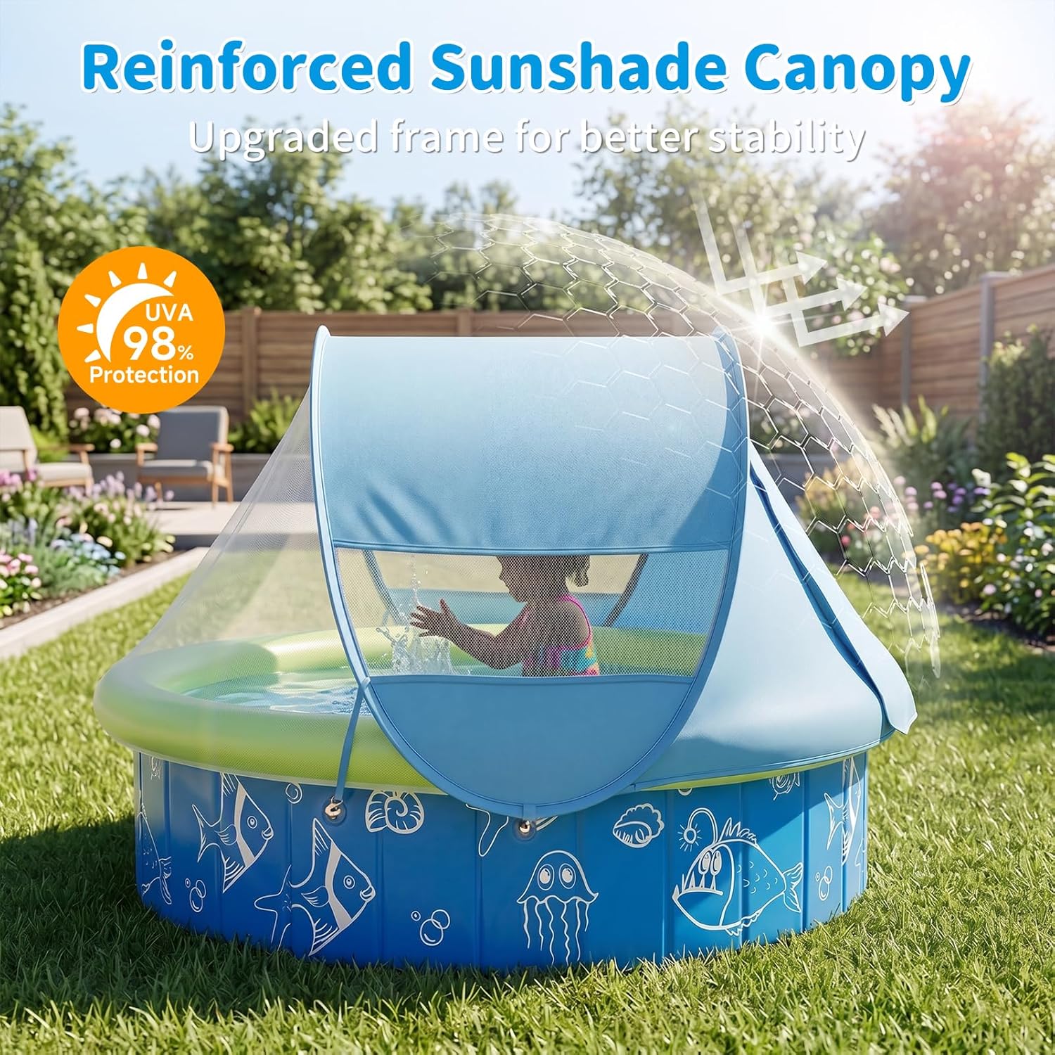 Kids Pool for Toddler, 47in Foldable Kiddie Pool with Canopy & Sprayer | Portable Baby Toddler Pool for Indoor Outdoor, Quick Setup No Tools, Easy Drain Non-Slip Splash Pool for Backyard & Travel