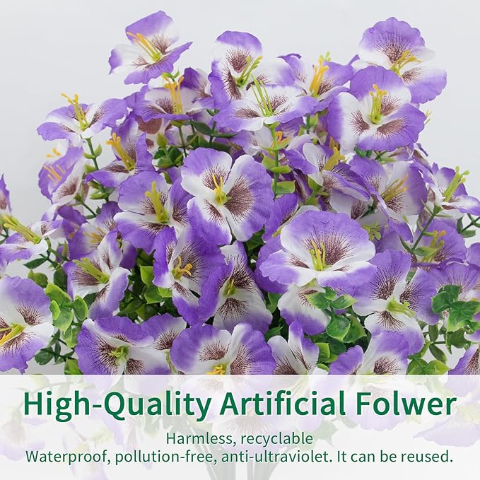 24 Bundles Artificial Pansy Flowers for Outdoor, Faux Silk Pansies Spring Flowers Outside for Planter Front Door Porch Yard Patio Window Box Home Decor (White Purple)