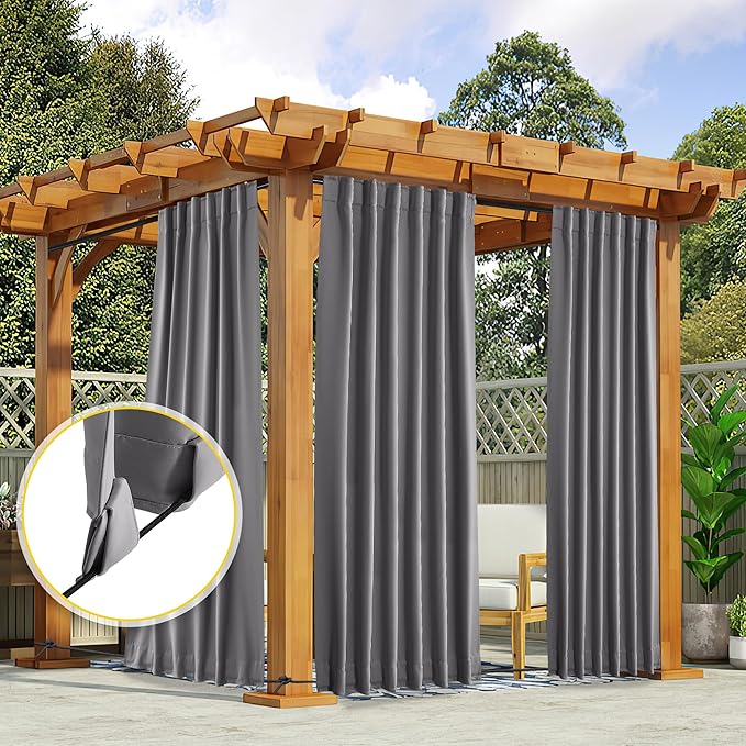 NICETOWN 2 Panels Outdoor Curtains Waterproof Pocket & Back Tab on Top & Bottom, Thermal Insulated Fixed Windproof Blackout Outdoor Drapes Privacy for Patio with Rope for Fixed, W52 x L95, Grey