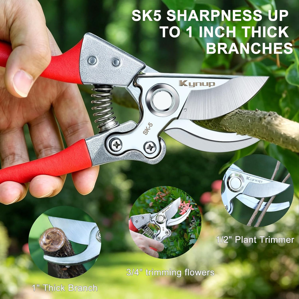 Kynup Pruning Shears, Heavy Duty Garden Shears with SK5 Japanese Steel | 8.6" Garden Clipper, Hand Pruners for Clean Cuts 4X Easier, Garden Scissors for Arthritis Left Handed with Secure Safety Lock