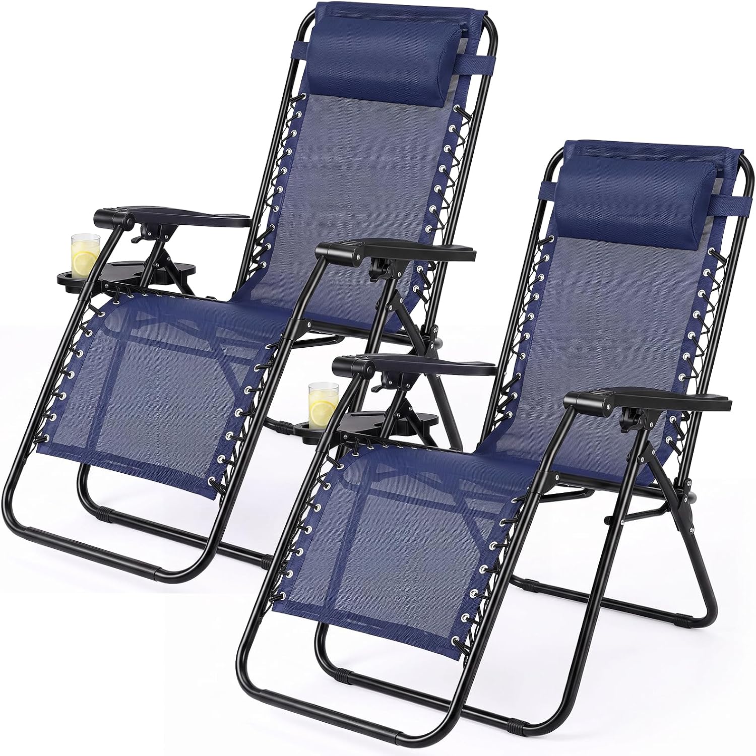 Zero Gravity Chairs Set of 2, Outdoor Folding Lounge Chairs | Reclining Patio Lawn Chairs with Mesh Back, Adjustable Pillows and Cup Holder Trays, for Pool, Beach, Backyard