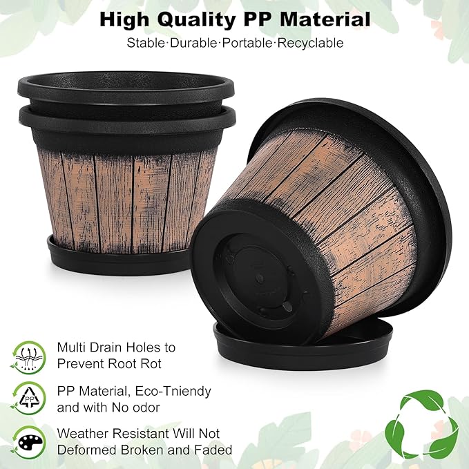 Quarut Plant Pots Set of 3 Pack 9 inch,Whiskey Barrel Planters with Drainage Holes & Saucer.Plastic Decor Flower Pots Imitation Wine Barrel Design,for Indoor & Outdoor Garden Home Plants (Brown)