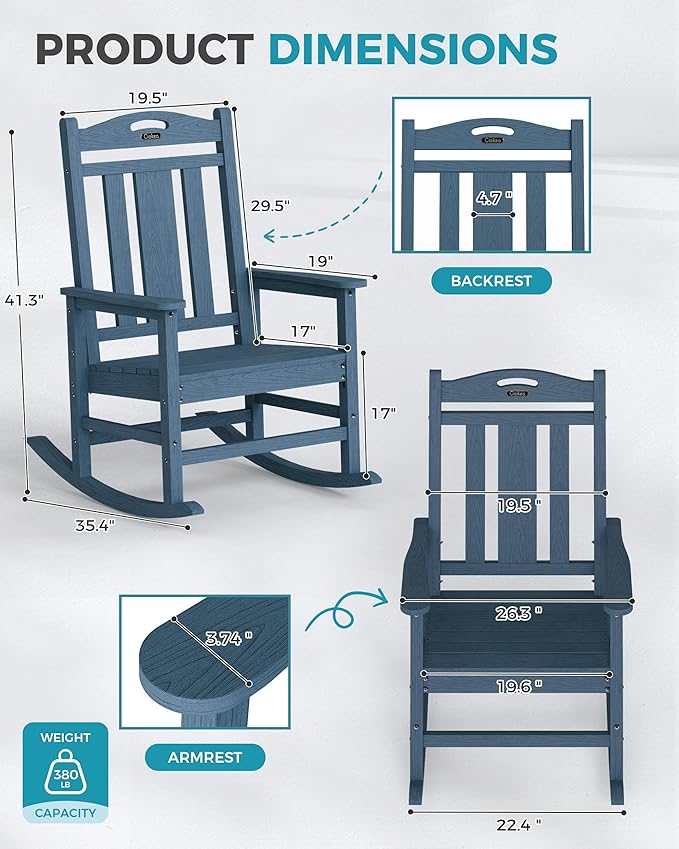 Ciokea Oversized Outdoor Rocking Chairs Set of 4, 380lbs Heavy-Duty Large Patio Rocker, High Back Cozy Porch Chairs, Weather Resistant Patio Rocking Chairs for Outside, Fire Pit, Deck, Slate Blue