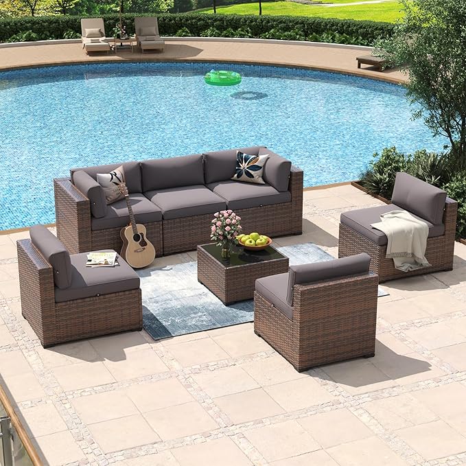 Aoxun 7 Piece Patio Furniture Set Wicker Rattan Patio Conversation Set Outdoor Sectional Sofa Set with Coffee Table and Thickened Cushions, Grey(Waterproof Cover Included)
