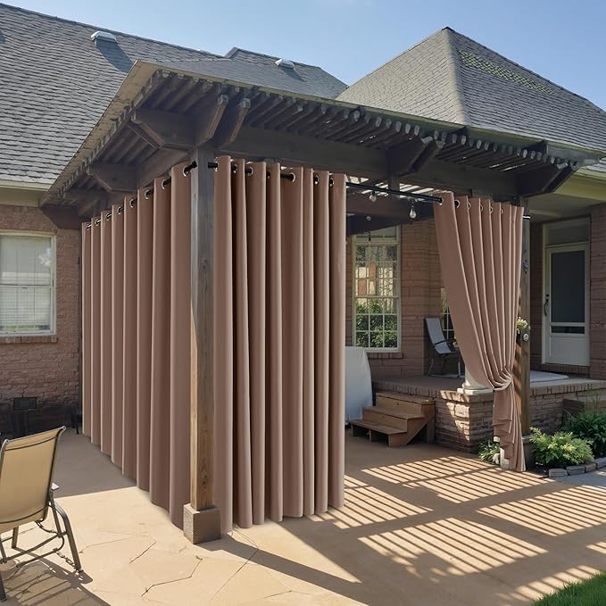 RYB HOME Outdoor Curtains for Patio Waterproof Block Sunlight Thermal Insulated Privacy Assured Thick Outside Curtains for Deck, Balcony, Pool, W52" x L63", Mocha, 1 Panel