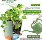 2 Pack 8 Inch Pots for Plants Indoor, Plastic Self Watering Planters with Drainage Holes, Water Level Indicator & Deep Reservoir, Decorative Flower Pots Indoor Outdoor Use (Green