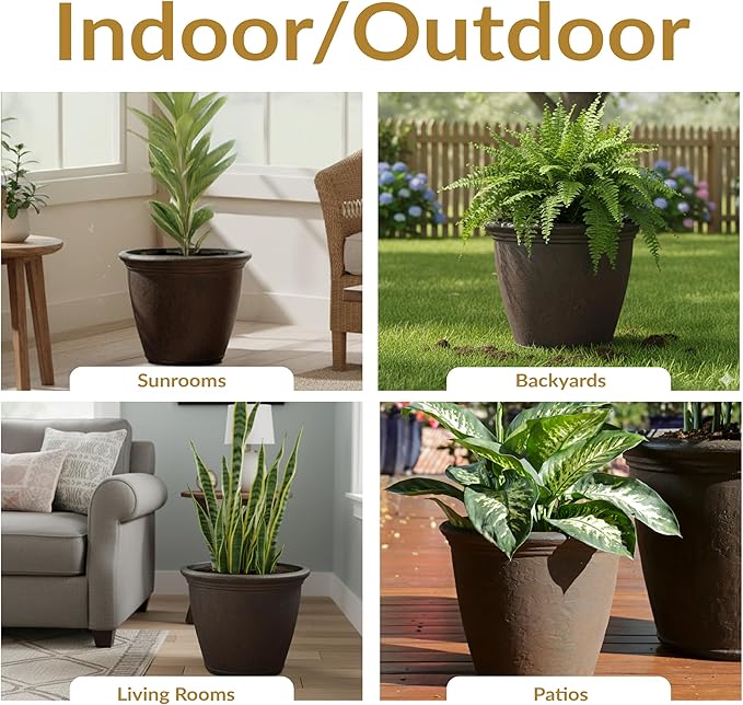 Sunnydaze 15.25-Inch Anjelica Large Plastic Pot for Plants - Outdoor Double-Walled Large Plastic Planter with Drillable Drainage Holes - Rust - 2pk