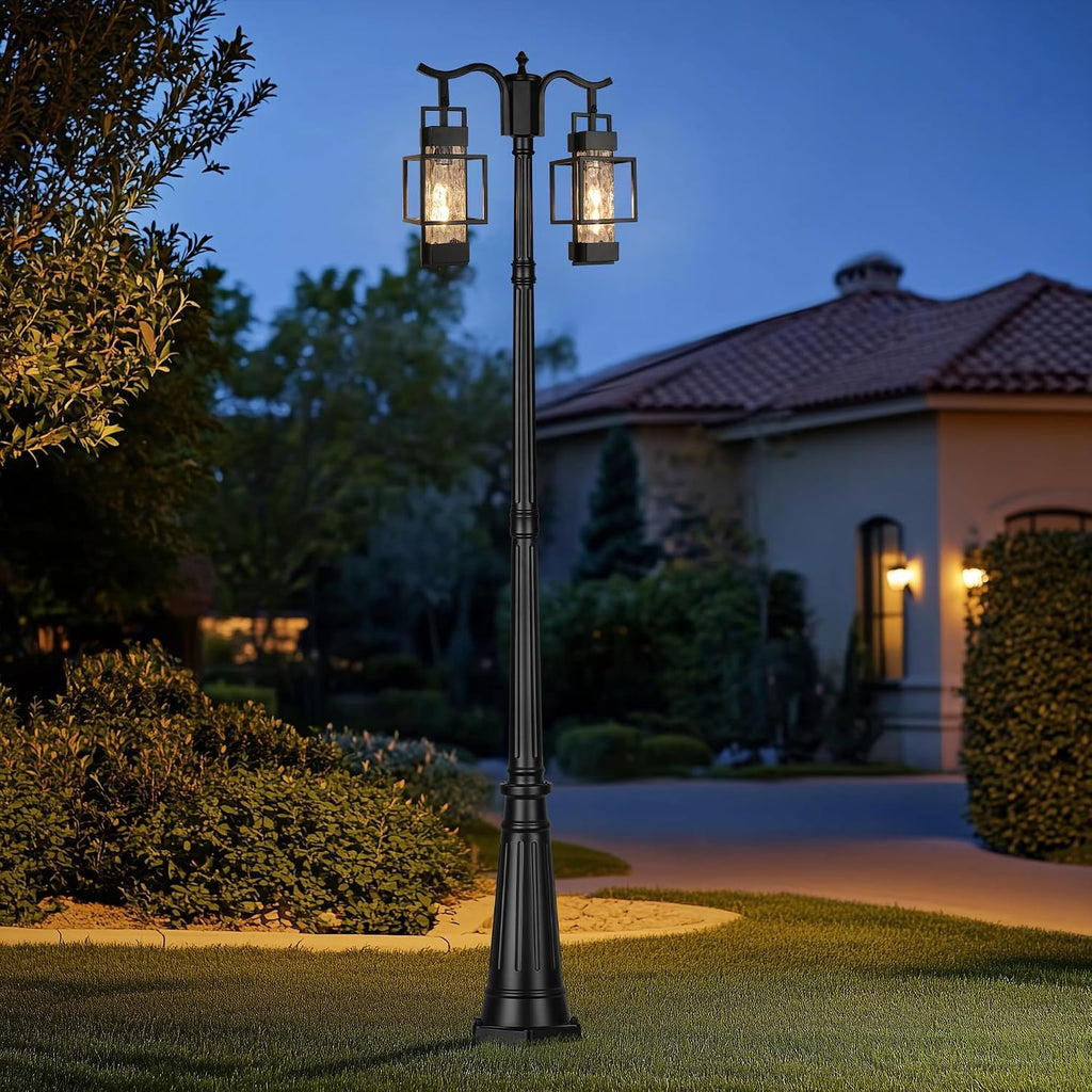 Modern Outdoor Lamp Post Light 2-Head, Hardwired Street Light Post for Outside Metal Pole Light Outdoor Lighting with Water Glass Shade for Garden Patio Backyard Walkway Driveway
