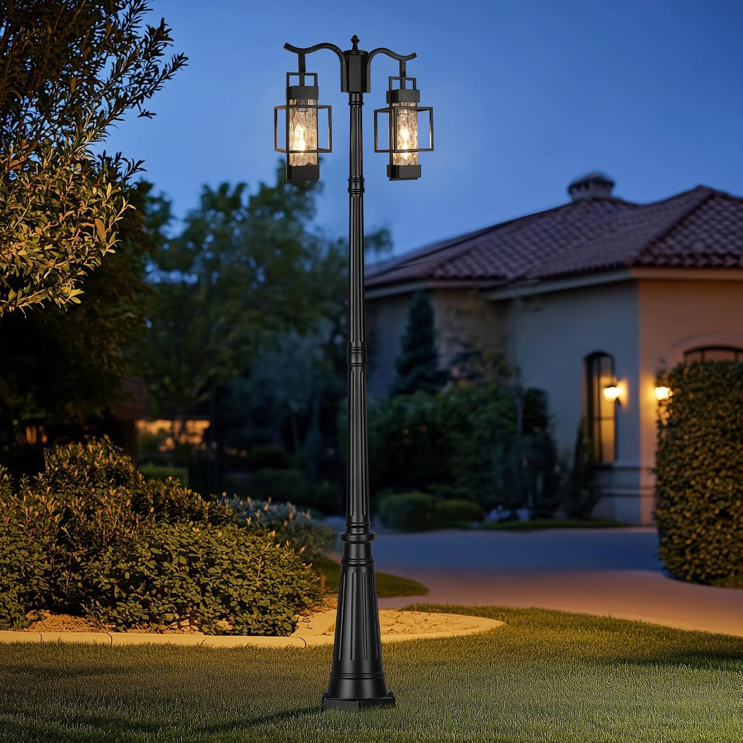 Modern Outdoor Lamp Post Light 2-Head, Hardwired Street Light Post for Outside Metal Pole Light Outdoor Lighting with Water Glass Shade for Garden Patio Backyard Walkway Driveway