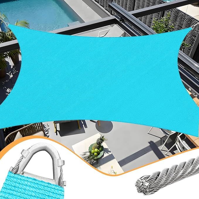 16' x 20' Sun Shade Sail Turquoise Curved Commercial Outdoor Shade Cover with Steel Wire Edges Rectangle Heavy Duty Permeable 185GSM Backyard Shade Cloth for Patio Garden