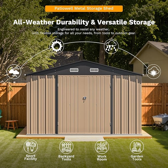Patiowell 10 x 12 FT Metal Storage Shed for Outdoor with Floor Frame, Steel Yard Shed with Design of Lockable Doors, Utility and Tool Storage for Garden, Backyard, Patio, Outside use,Brown