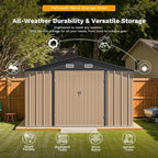 Patiowell 10 x 12 FT Metal Storage Shed for Outdoor with Floor Frame, Steel Yard Shed with Design of Lockable Doors, Utility and Tool Storage for Garden, Backyard, Patio, Outside use,Brown