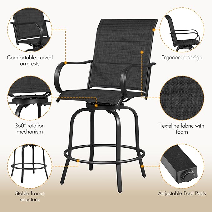 Yaheetech 4 Piece Patio Swivel Bar Stools, Texteline Outdoor Chairs with High Back/Armrest/Footrest, All Weather Padded Seating Outdoor Furniture Height for Outside, Lawn & Garden