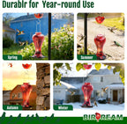 Birdream 23oz Red Glass Hummingbird Feeder for Outdoors, Durable Metal Base | 5 Feeding Ports, Built-in Ant Moat, For Outdoors Hanging, Decorative for Garden Patio Backyard