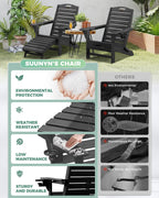 Folding Adirondack Chair with Retractable Ottoman Weather Resistant Fire Pit Chair Patio Chair with 2 Cup Holder Lawn Outdoor Lounge Chair (Black)
