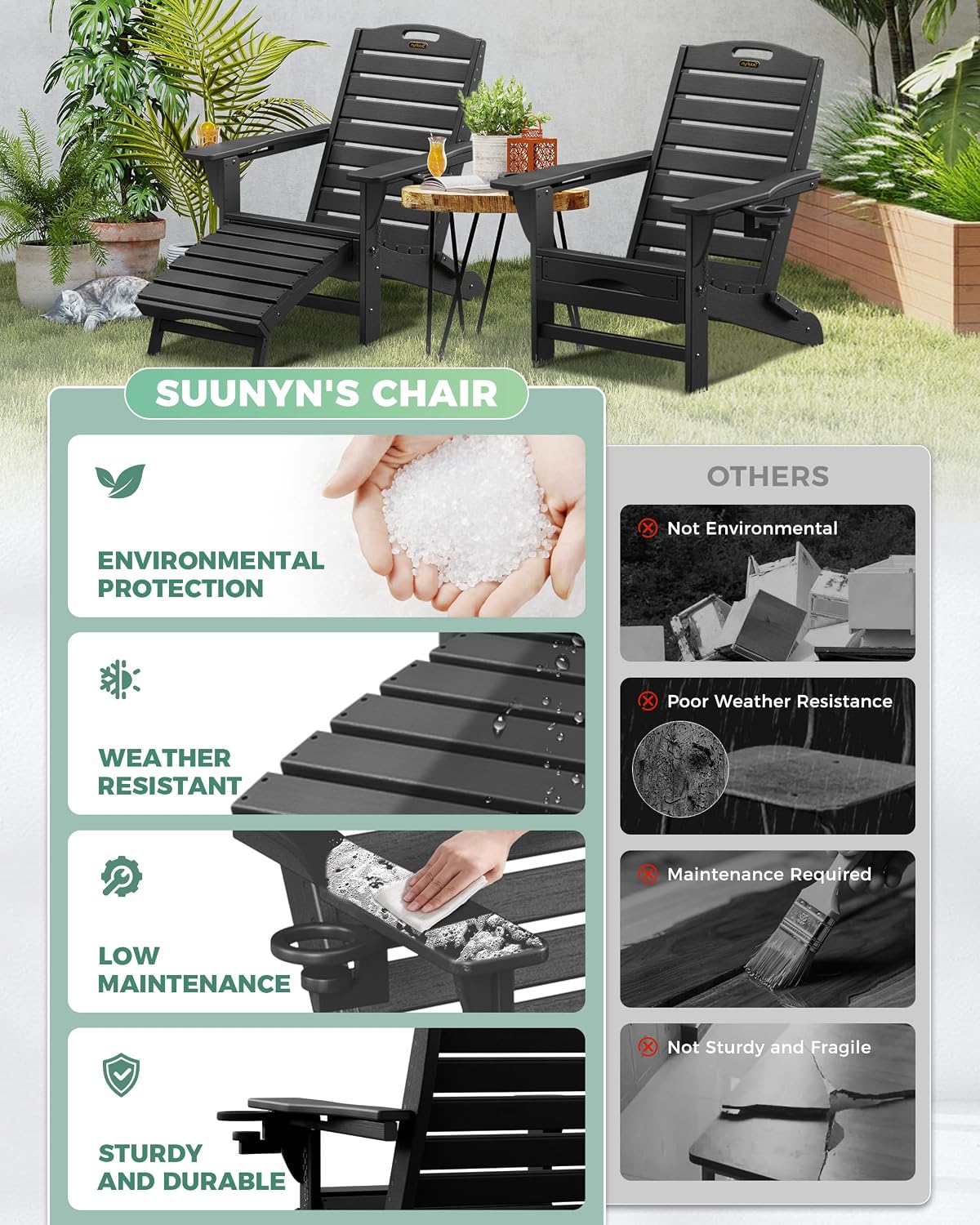 Folding Adirondack Chair with Retractable Ottoman Weather Resistant Fire Pit Chair Patio Chair with 2 Cup Holder Lawn Outdoor Lounge Chair (Black)