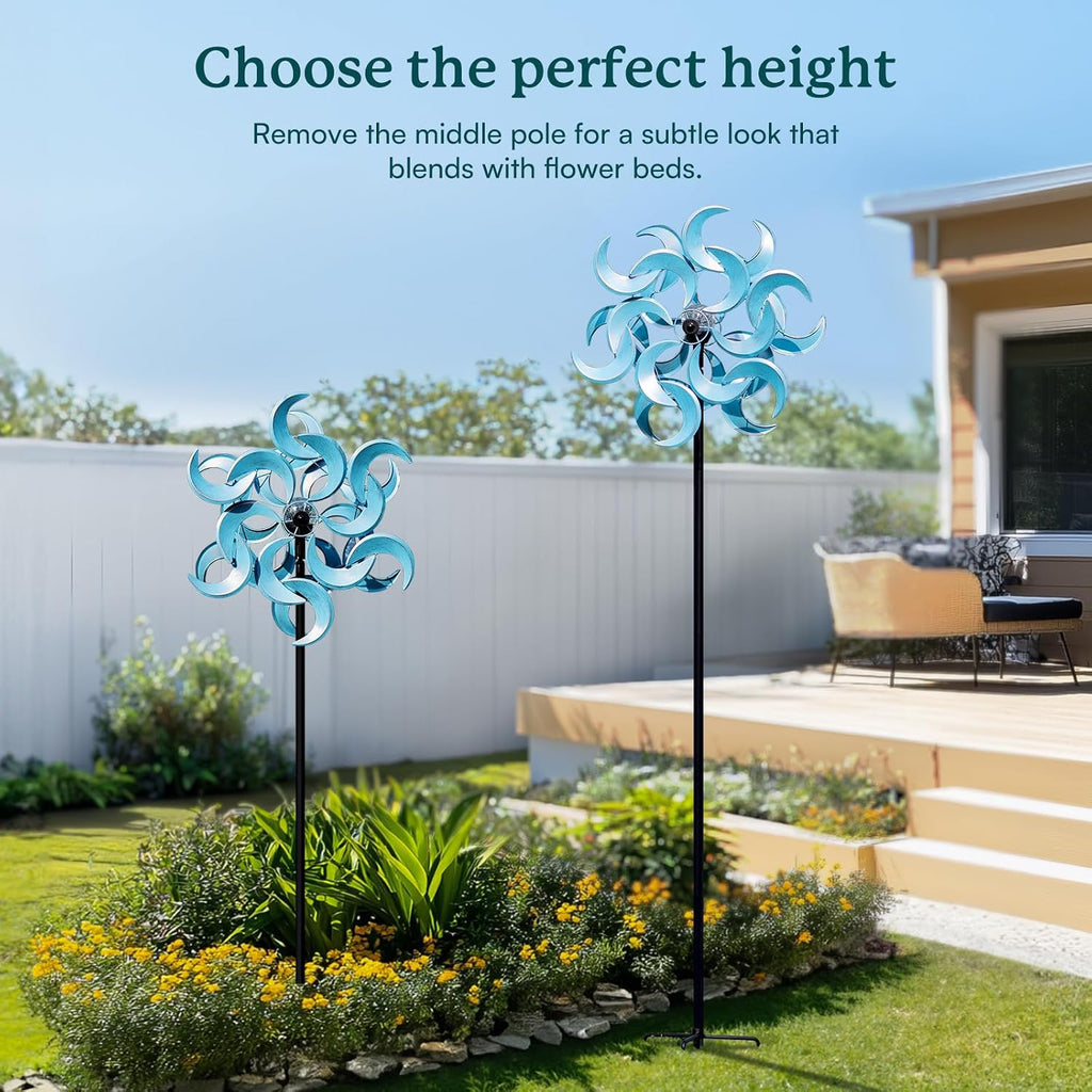 87" Wind Spinner Outdoor with Solar Light, Large Metal Wind Sculptures Spinners, Windmill for Garden Yard Patio Lawn Decor - Azure Moon (23" W x 87" H)