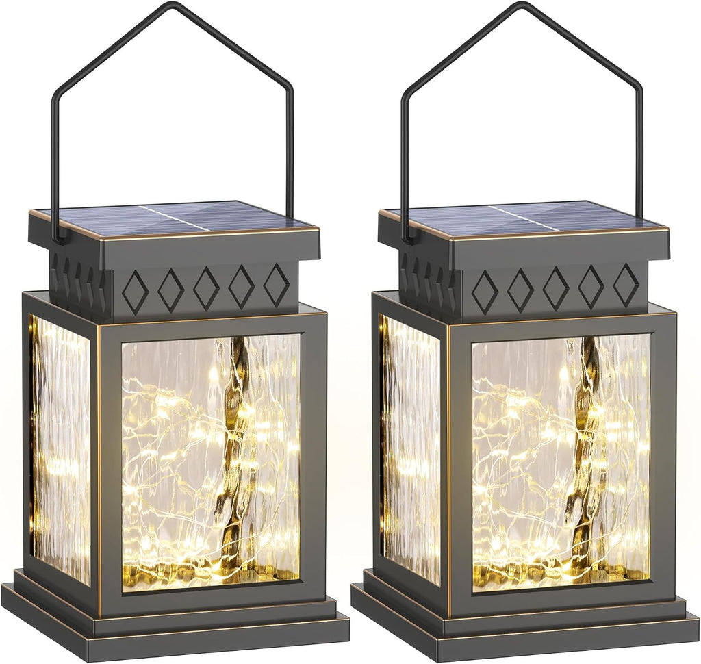 2 Pack Farmhouse Solar Lanterns , Water Ripple Glass & Copper Wire Flickering Light,Outdoor Waterproof Upgraded Solar and 2 AA Batteries Powered, for Outside Porch, Patio and Indoor Tables.