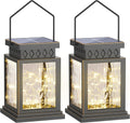 2 Pack Farmhouse Solar Lanterns , Water Ripple Glass & Copper Wire Flickering Light,Outdoor Waterproof Upgraded Solar and 2 AA Batteries Powered, for Outside Porch, Patio and Indoor Tables.