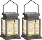 2 Pack Farmhouse Solar Lanterns , Water Ripple Glass & Copper Wire Flickering Light,Outdoor Waterproof Upgraded Solar and 2 AA Batteries Powered, for Outside Porch, Patio and Indoor Tables.