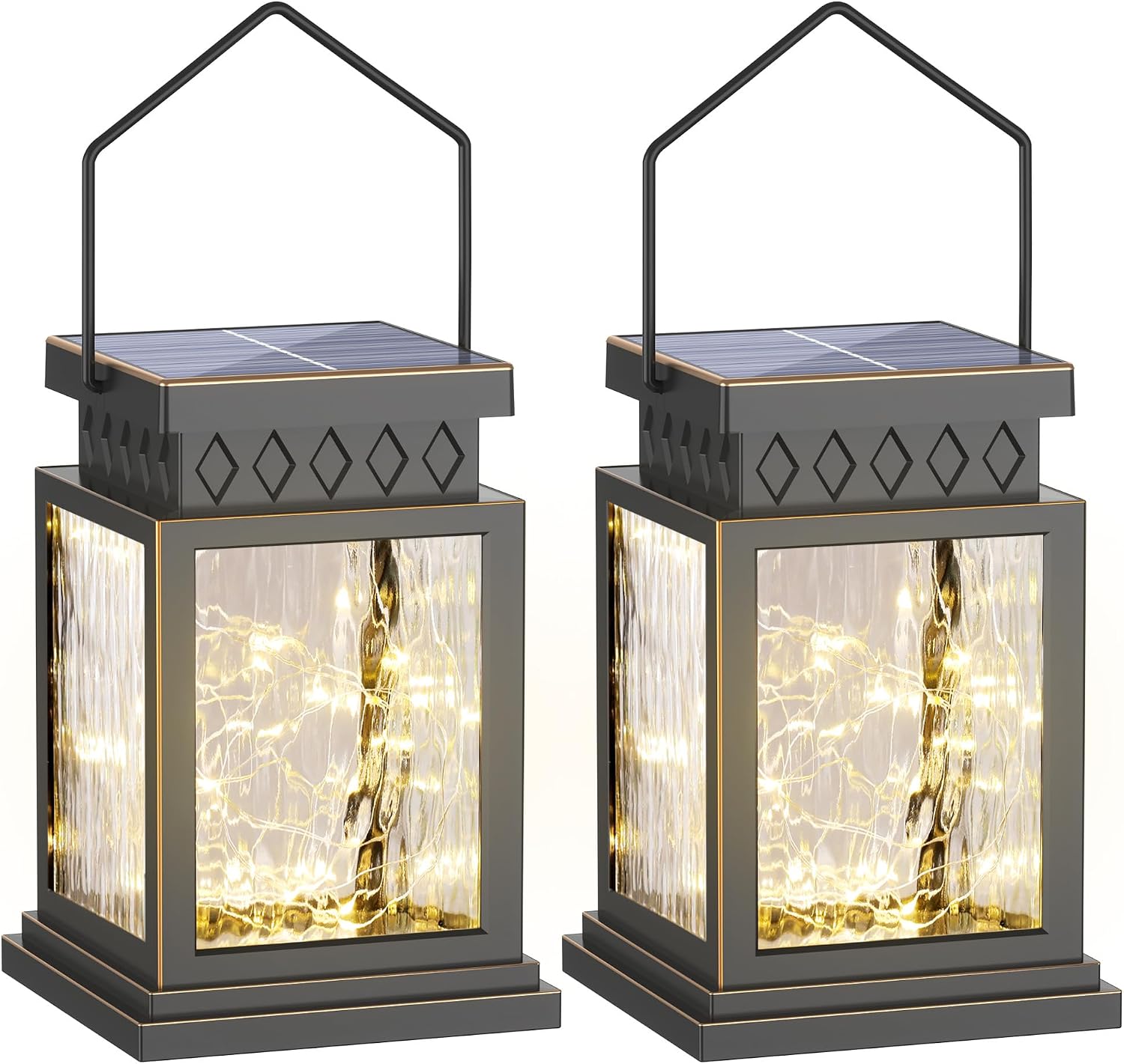 2 Pack Farmhouse Solar Lanterns , Water Ripple Glass & Copper Wire Flickering Light,Outdoor Waterproof Upgraded Solar and 2 AA Batteries Powered, for Outside Porch, Patio and Indoor Tables.