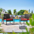 Flamaker 3 Pieces Wicker Patio Furniture Outdoor Modern Rattan Chair Conversation Sets with Coffee Table for Yard and Bistro (Red)