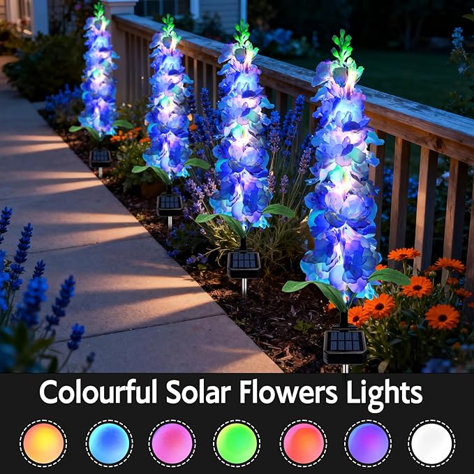 Solar Garden Lights, Solar Blue Delphinium Flowers Lights 4 Pack 80 LEDs, Waterproof Outdoor Light Two Lighting Modes for Outside Wedding Party Garden Yard Patio Lawn Decor