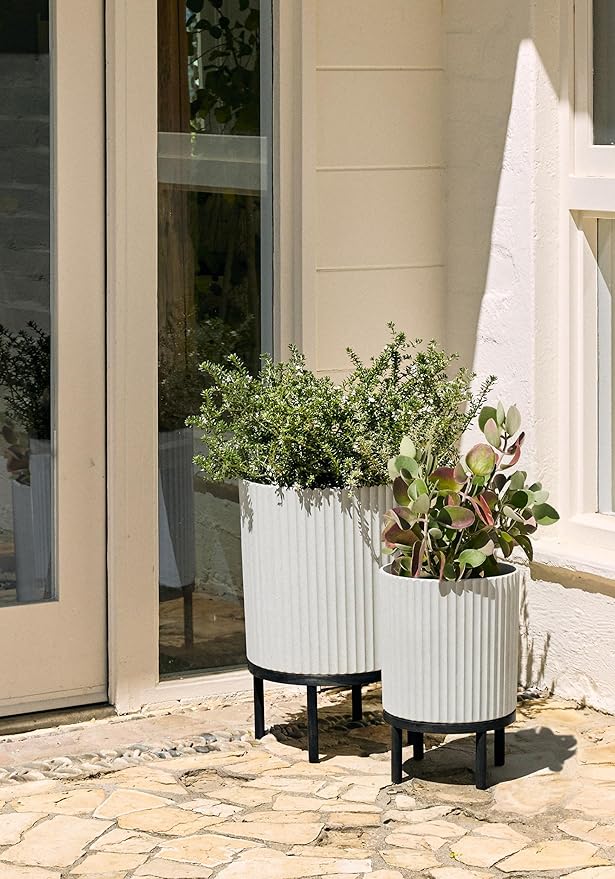 Veradek Demi Series Round Planter w/Stand for Porch/Patio | Durable Plastic-Stone Composite & Wooden Stand | Modern Décor for Tall Plants, Flowers