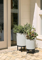 Veradek Demi Series Round Planter w/Stand for Porch/Patio | Durable Plastic-Stone Composite & Wooden Stand | Modern Décor for Tall Plants, Flowers