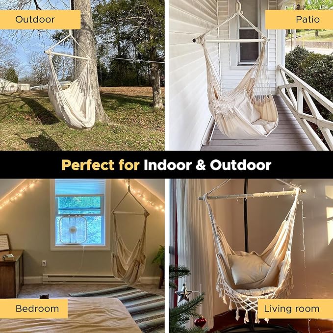 MIZTLI Hammock Chair Hanging Chair Swing Chair Hanging Chair for Bedroom Indoor Outdoor- Max 500 Lbs－Steel Spreader Bar with Anti-Slip Rings, 2 Cushions