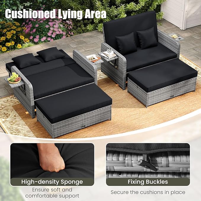 LDAILY Moccha Outdoor Daybed, Wicker Loveseat Sofa Set with 4-Postion Adjustable Backrest, Storage Ottoman, Cushions, Rattan Double Bed Lounger, Patio Furniture Set (Mixed Gray+Black)