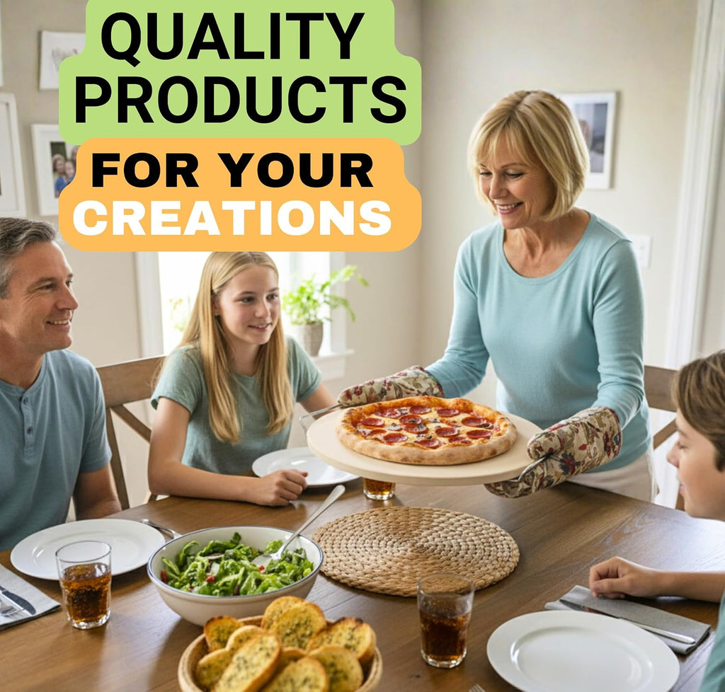 Large Pizza Stone for Oven 16 inch - Round Pizza Stone for Grill with Handles, Wood Pizza Peel and Cutter Set - Baking Stone for Bread - Pizza Making Kit Accessories - Gifts for Food Lovers