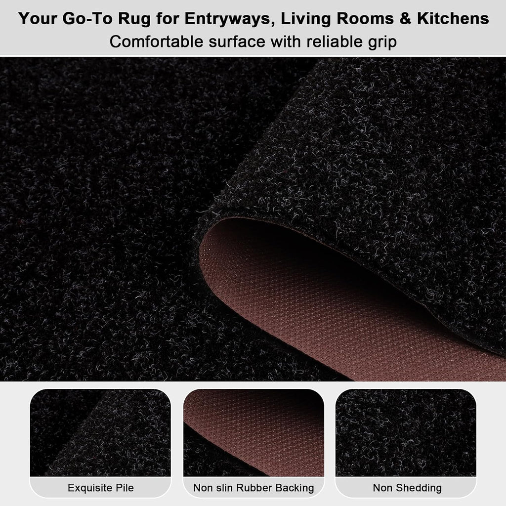 Runner Rug 2' x 8' Outdoor/Indoor, Rug with Natural Rubber Backing Non Slip for Hallway, Kitchen, Patio, Laundry, RV, Entryway, Garage, Bathroom, Area Rug Carpet, Black, Custom Size | Floor Mat with Rubber Backing for Kitchen, Laundry Room, Bathroom